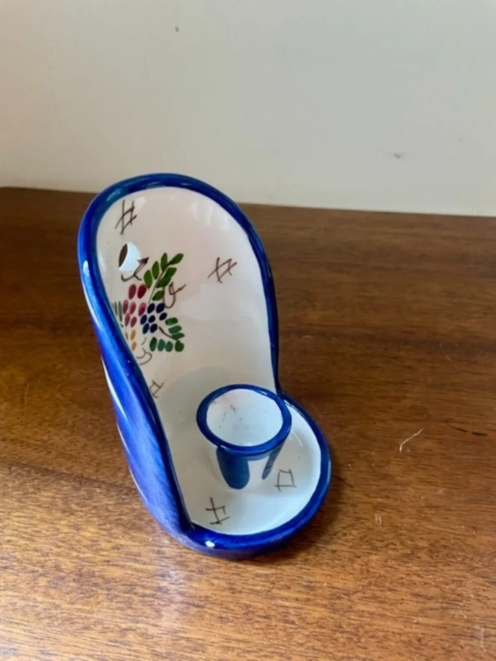 Folk Art Ceramic Blue & White Candle Holder Spain